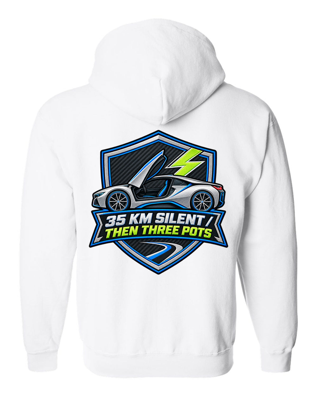 Stencil spray-paint print of BMW X5 M F85 quad exhaust pipes white zip hoodie back view with the design