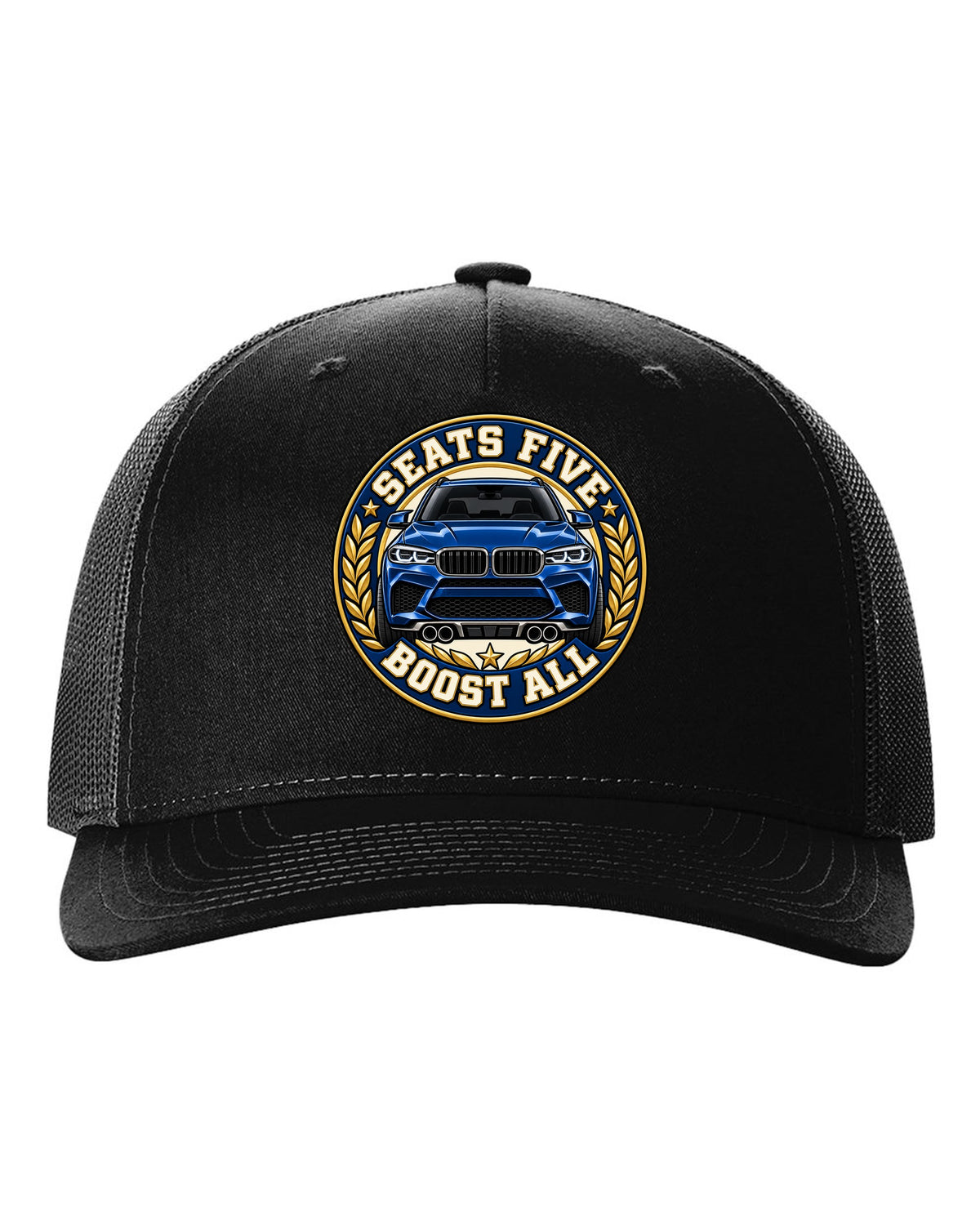 Embroidery-style varsity crest print for the BMW X5 M F85 black hat front view with the design