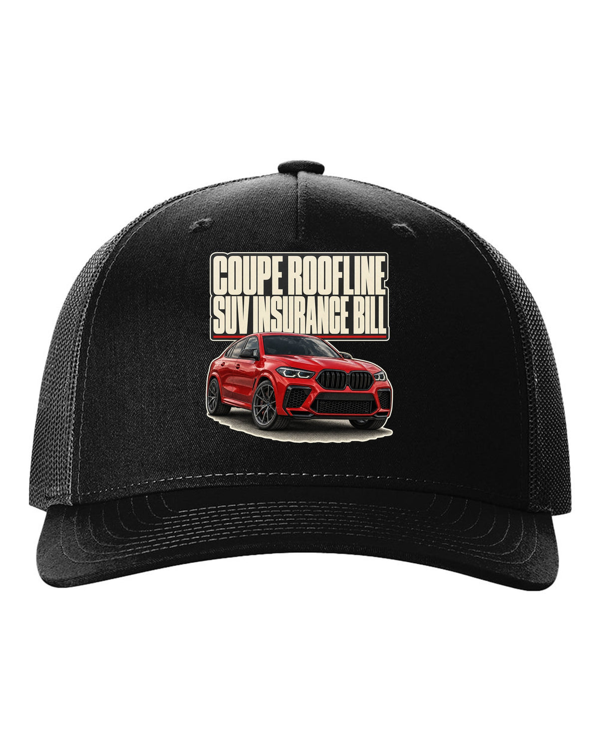BMW X6 M Competition F96 editorial headline print on a tee black hat front view with the design
