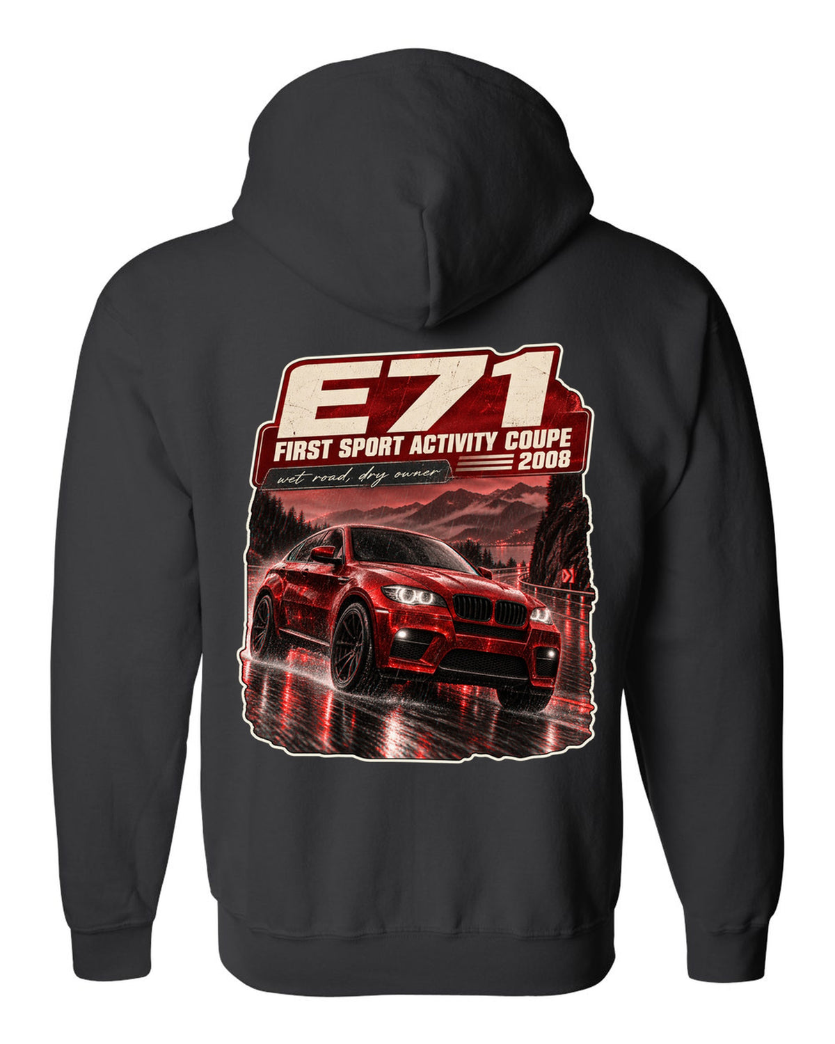 BMW X6 M E71 night street touge print on a tee black zip hoodie back view with the design