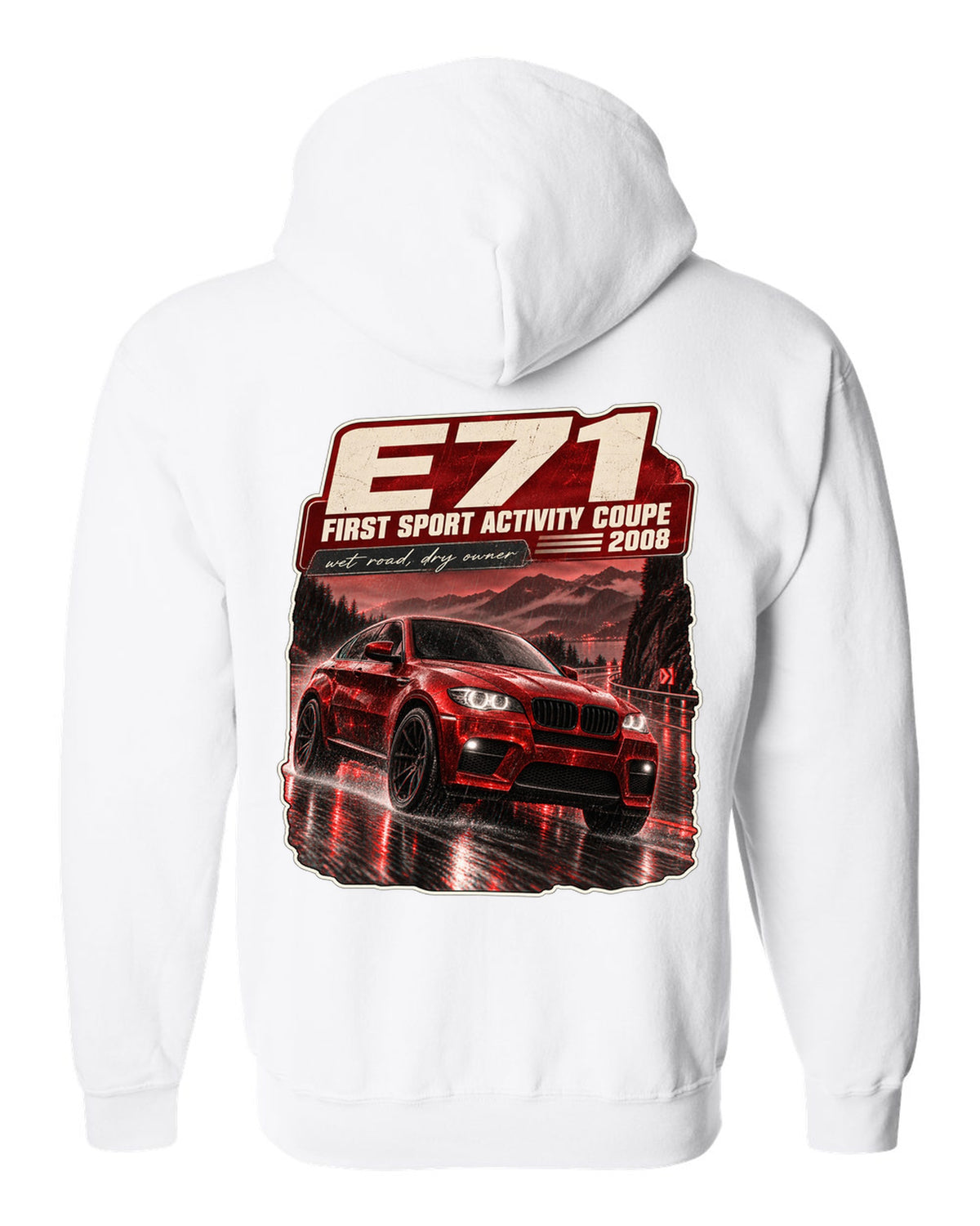 BMW X6 M E71 night street touge print on a tee white zip hoodie back view with the design