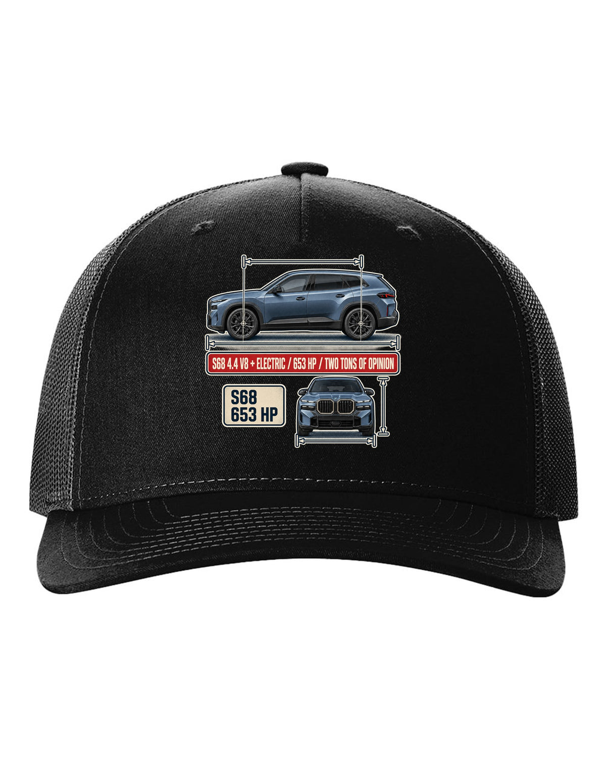 BMW XM G09 dimension blueprint print on a tee black hat front view with the design