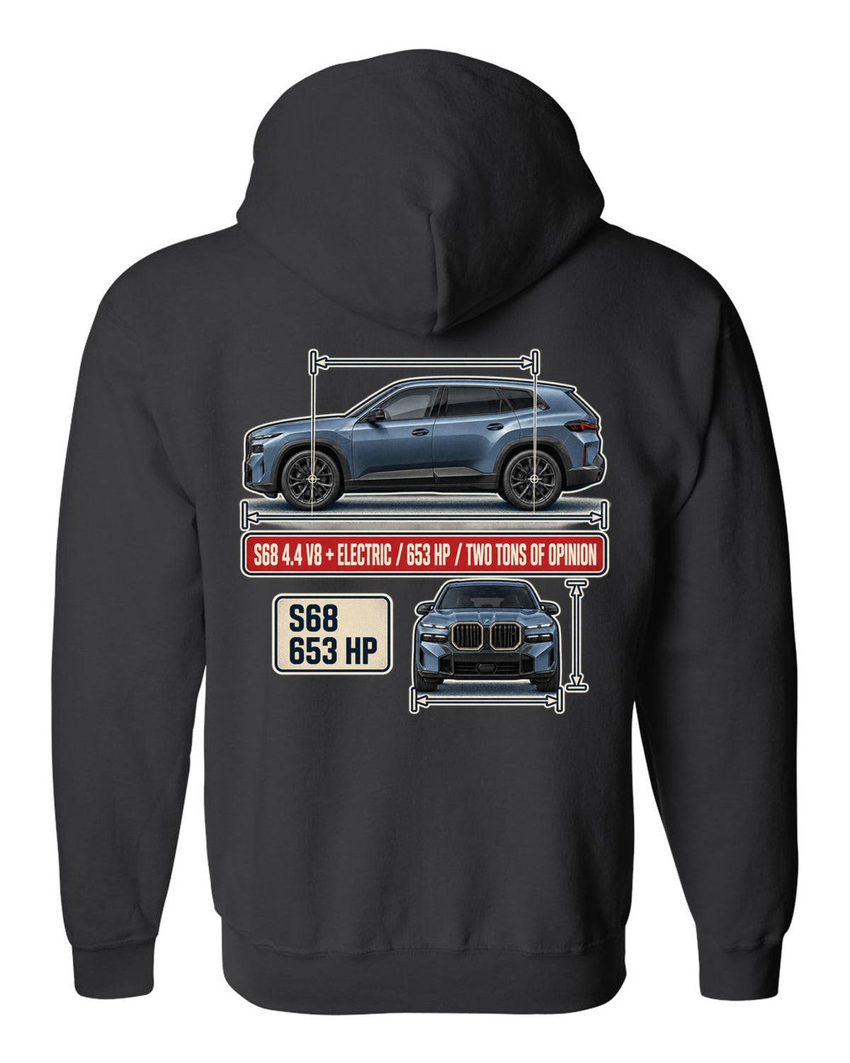 BMW XM G09 dimension blueprint print on a tee black zip hoodie back view with the design