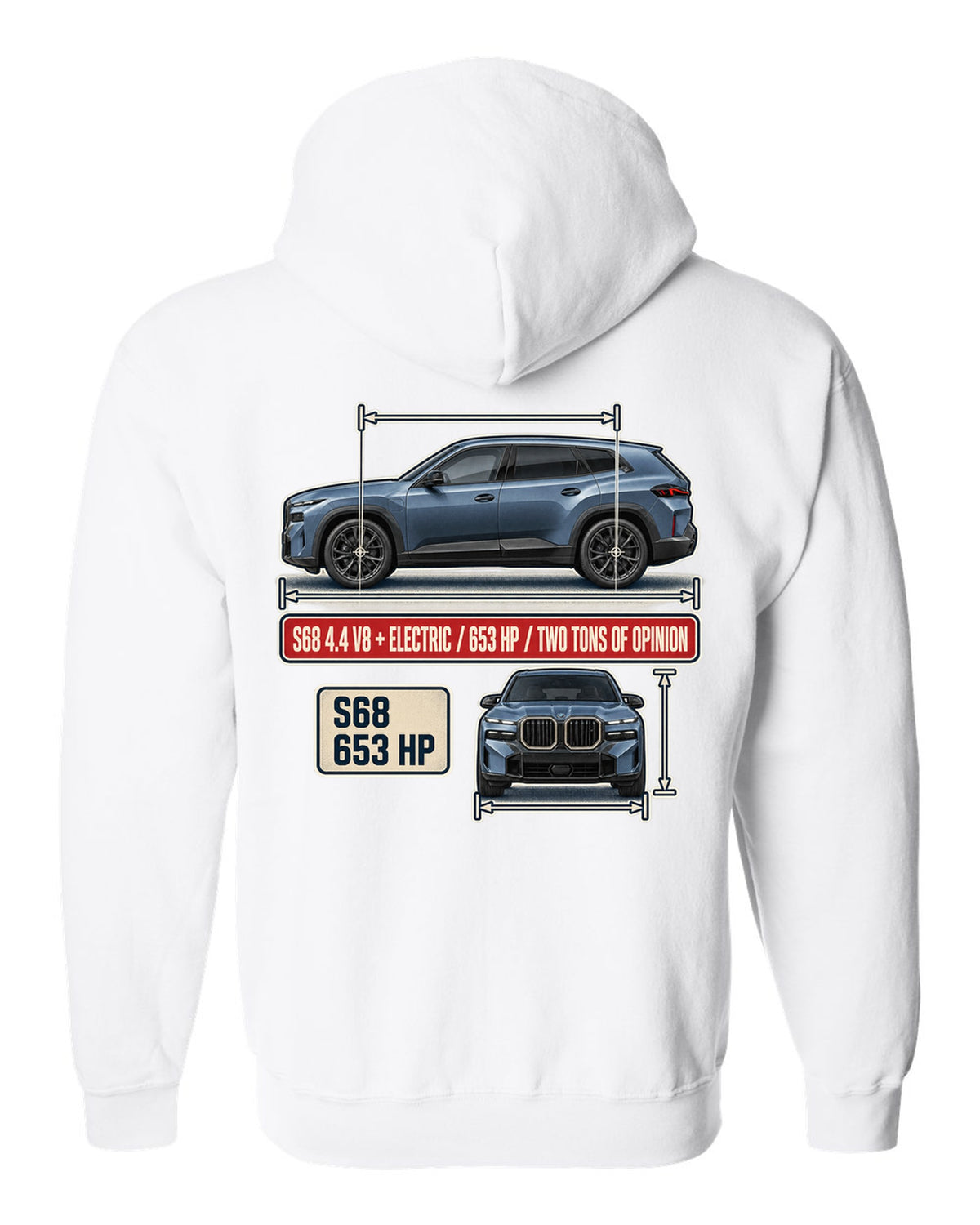 BMW XM G09 dimension blueprint print on a tee white zip hoodie back view with the design