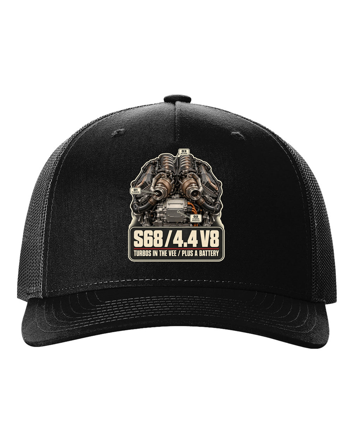 Engine hero print of the S68 4.4 V8 in the BMW XM G09 black hat front view with the design