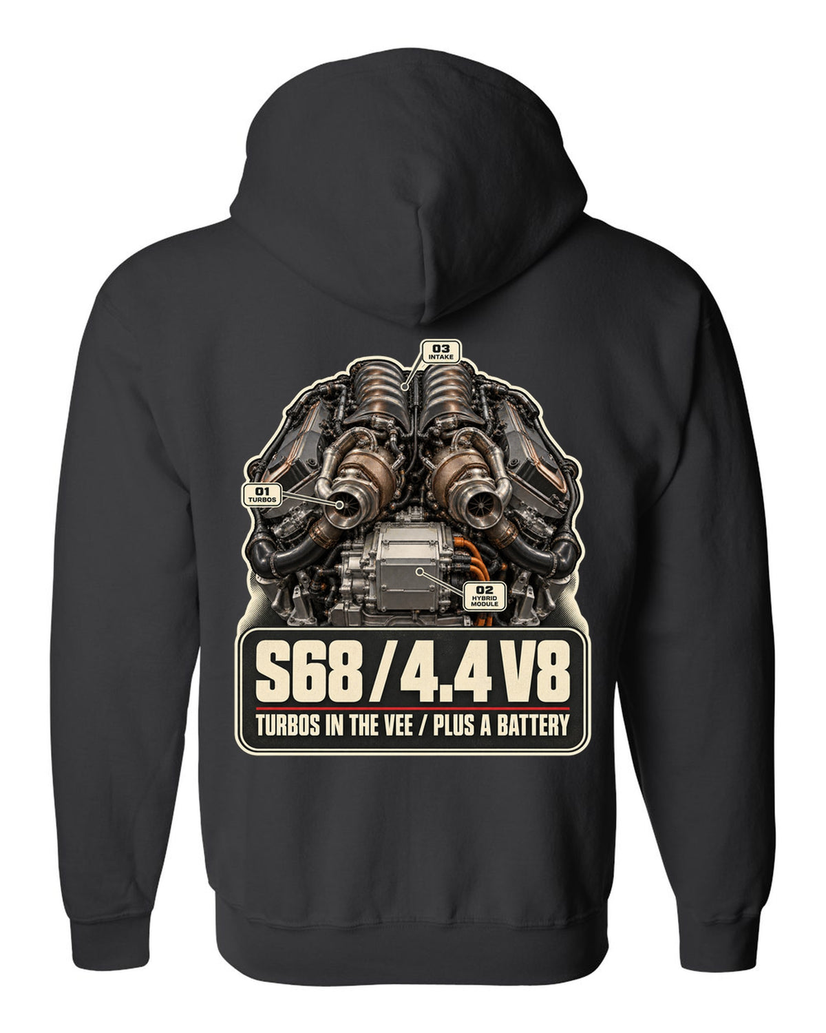 Engine hero print of the S68 4.4 V8 in the BMW XM G09 black zip hoodie back view with the design