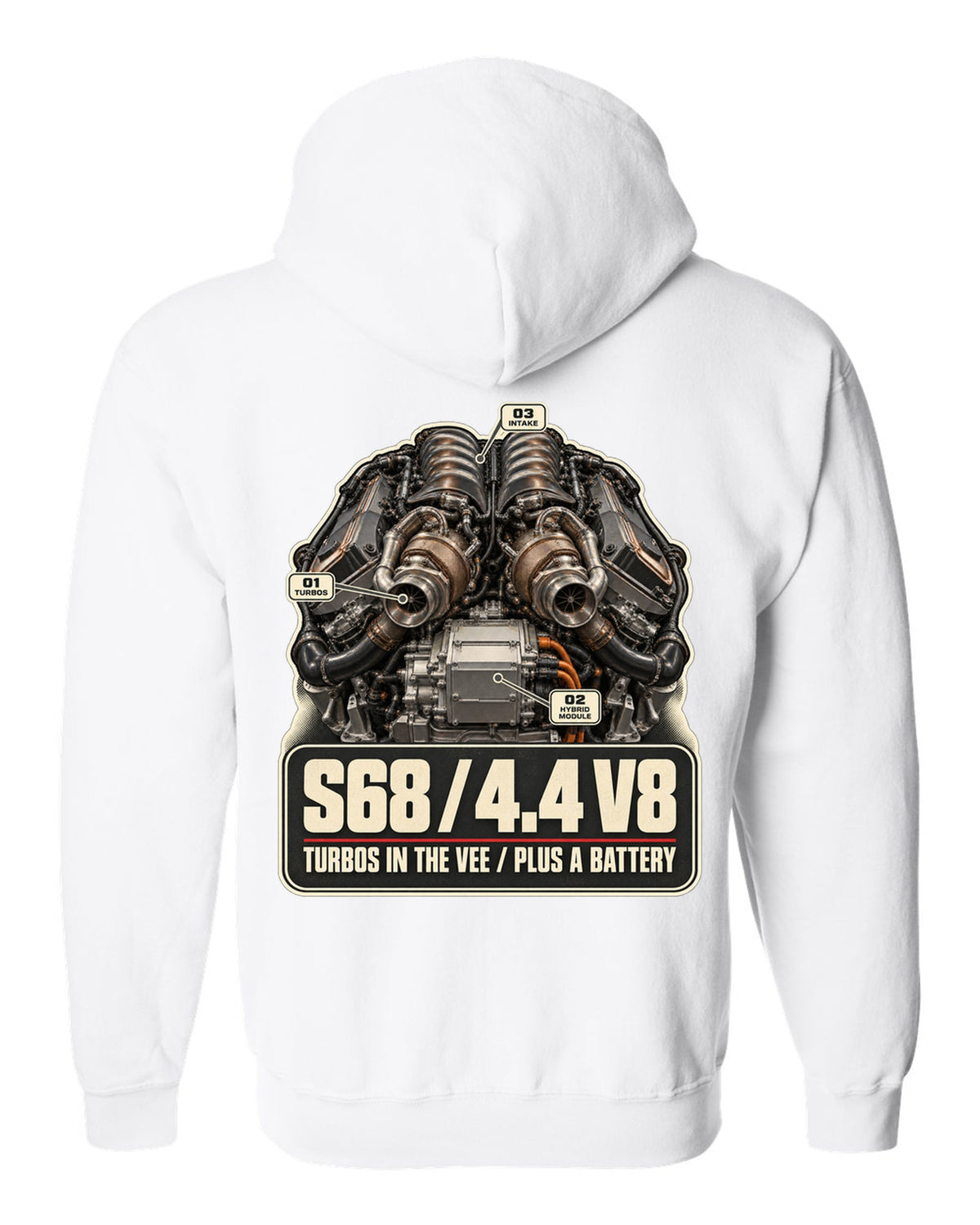 Engine hero print of the S68 4.4 V8 in the BMW XM G09 white zip hoodie back view with the design