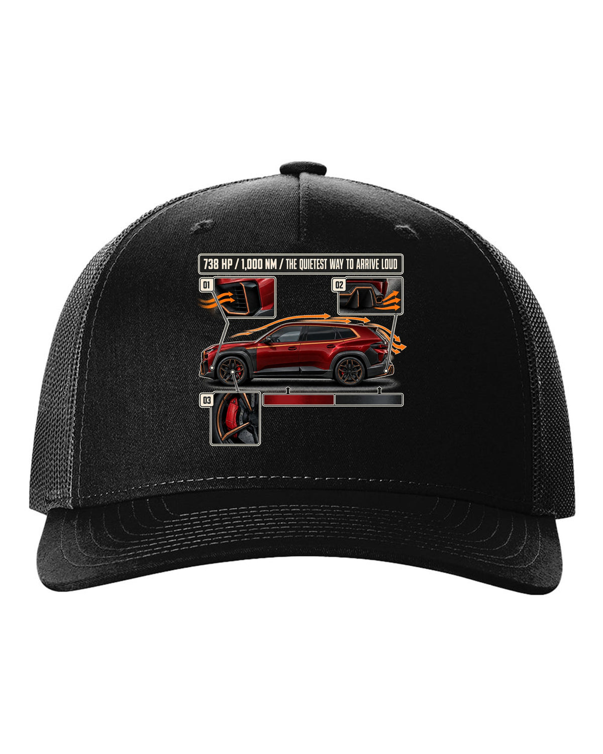 BMW XM Label Red aero cutaway callouts print on a tee black hat front view with the design