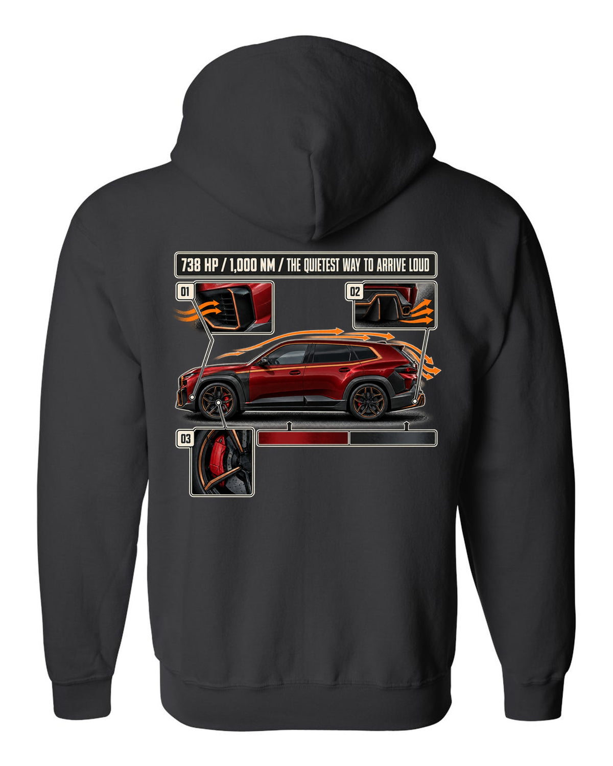 BMW XM Label Red aero cutaway callouts print on a tee black zip hoodie back view with the design