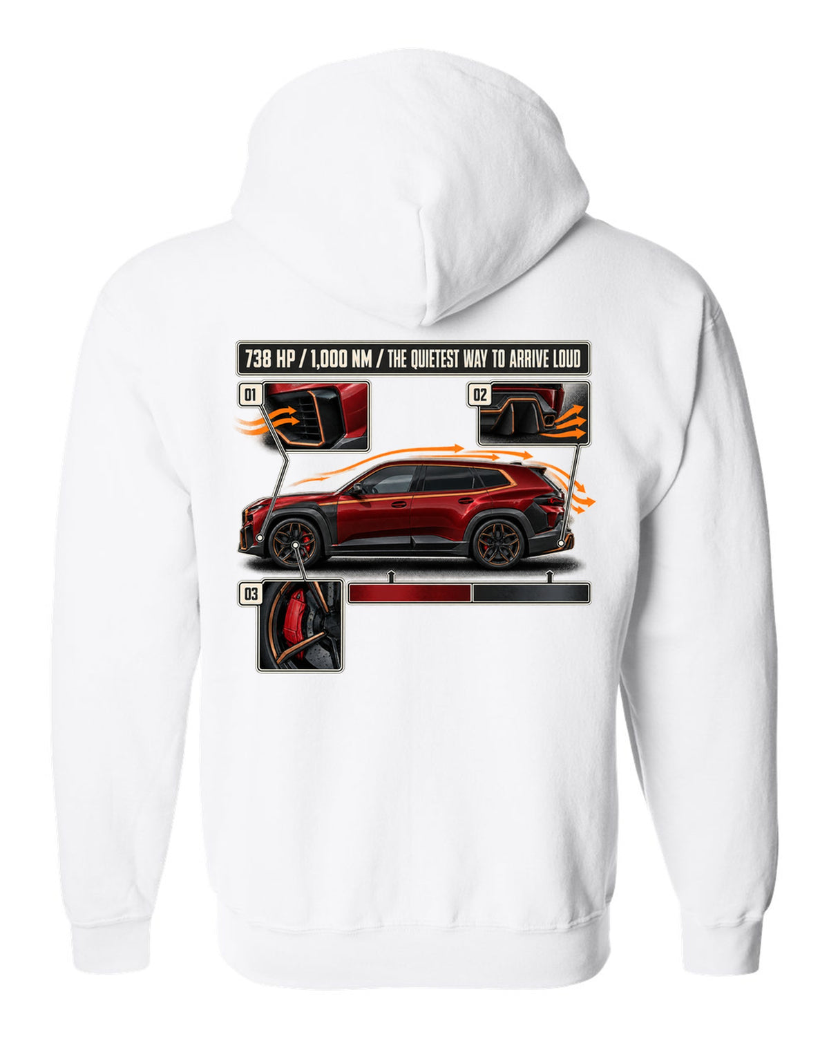BMW XM Label Red aero cutaway callouts print on a tee white zip hoodie back view with the design
