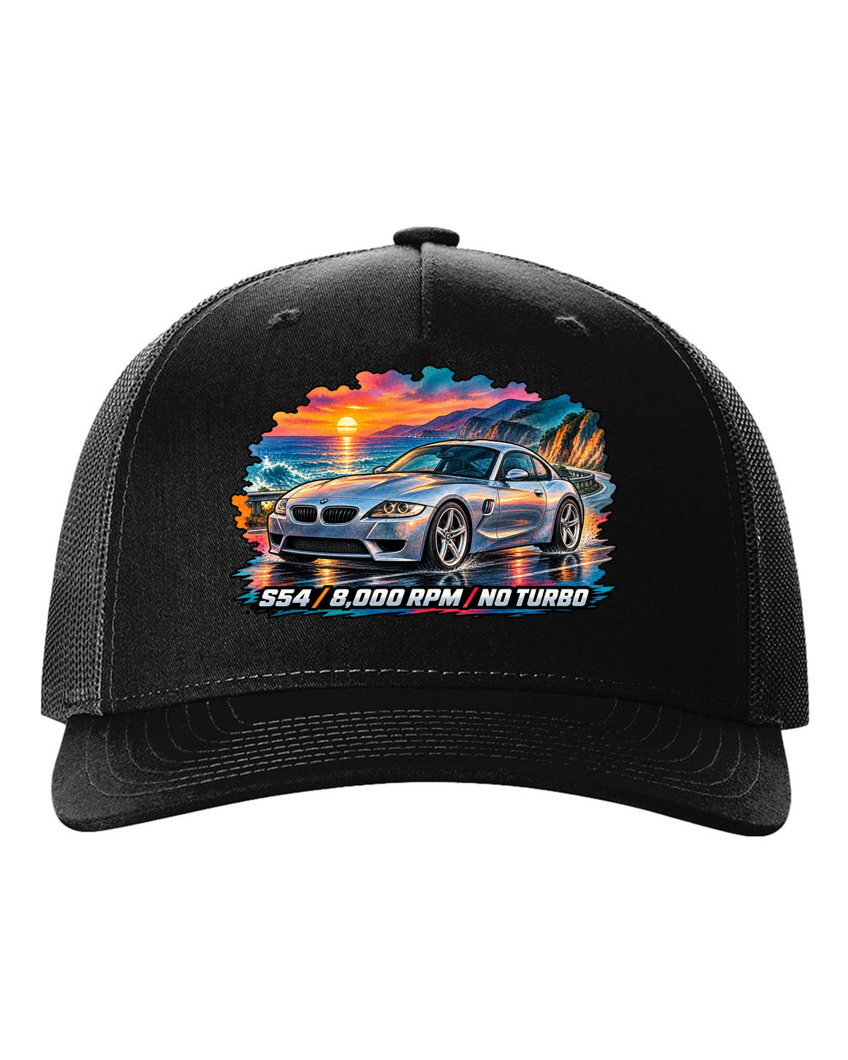 BMW Z3 M Coupe 16-bit pixel art print with Clown Shoe 3.2 text black hat front view with the design