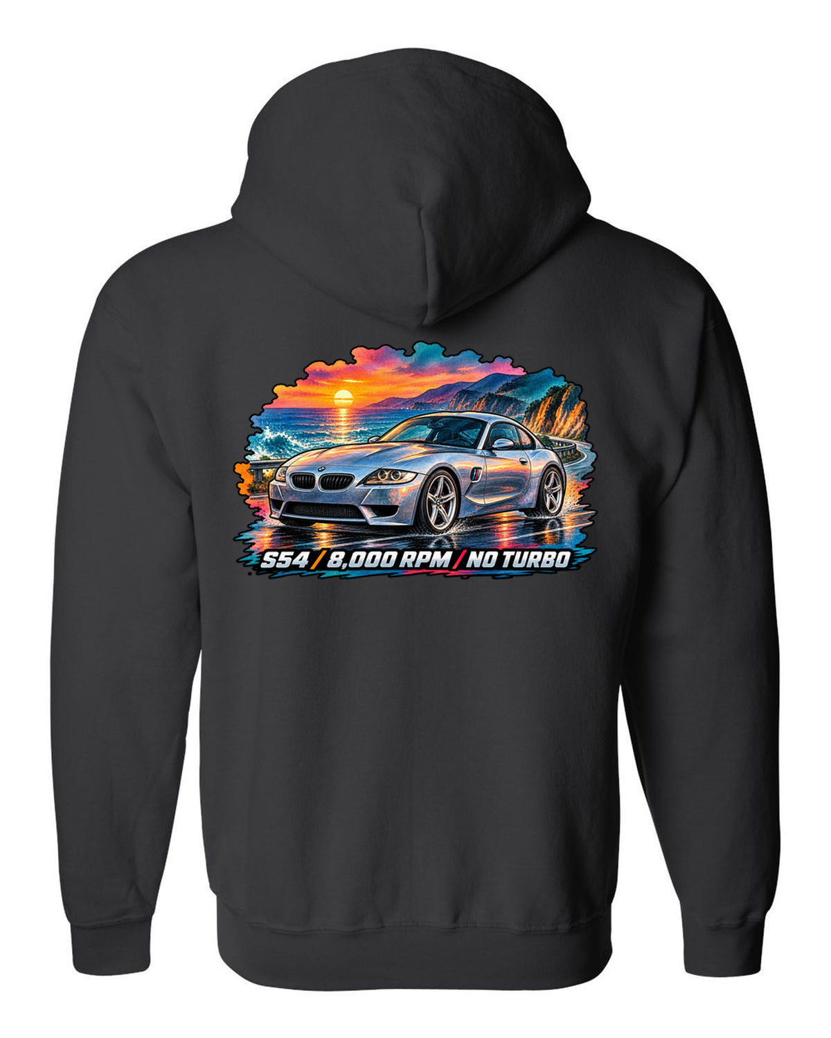 BMW Z3 M Coupe 16-bit pixel art print with Clown Shoe 3.2 text black zip hoodie back view with the design