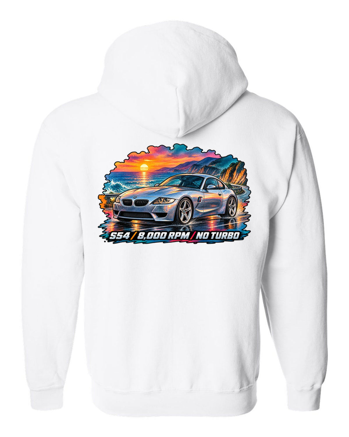 BMW Z3 M Coupe 16-bit pixel art print with Clown Shoe 3.2 text white zip hoodie back view with the design