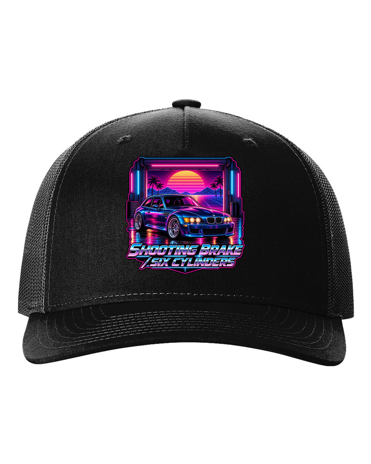 BMW Z3 M Coupe synthwave outrun print with shooting brake text black hat front view with the design