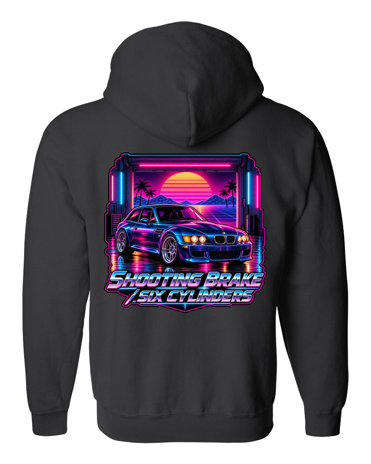 BMW Z3 M Coupe synthwave outrun print with shooting brake text black zip hoodie back view with the design