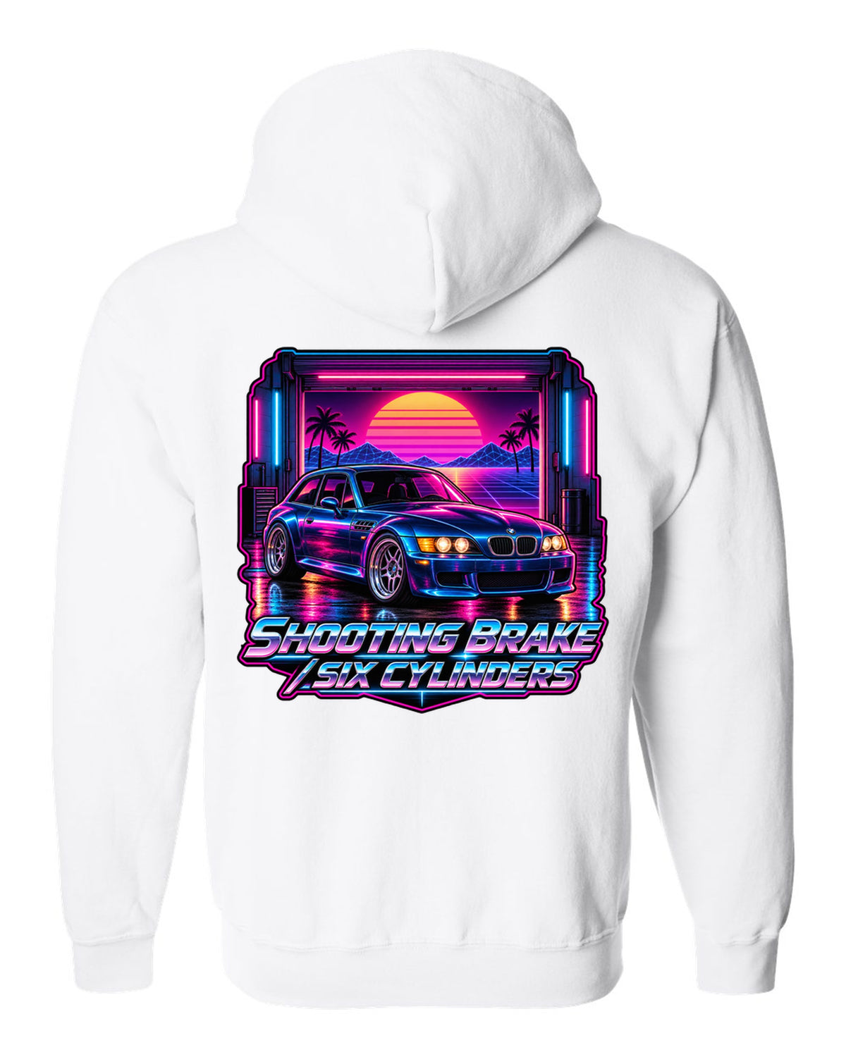 BMW Z3 M Coupe synthwave outrun print with shooting brake text white zip hoodie back view with the design