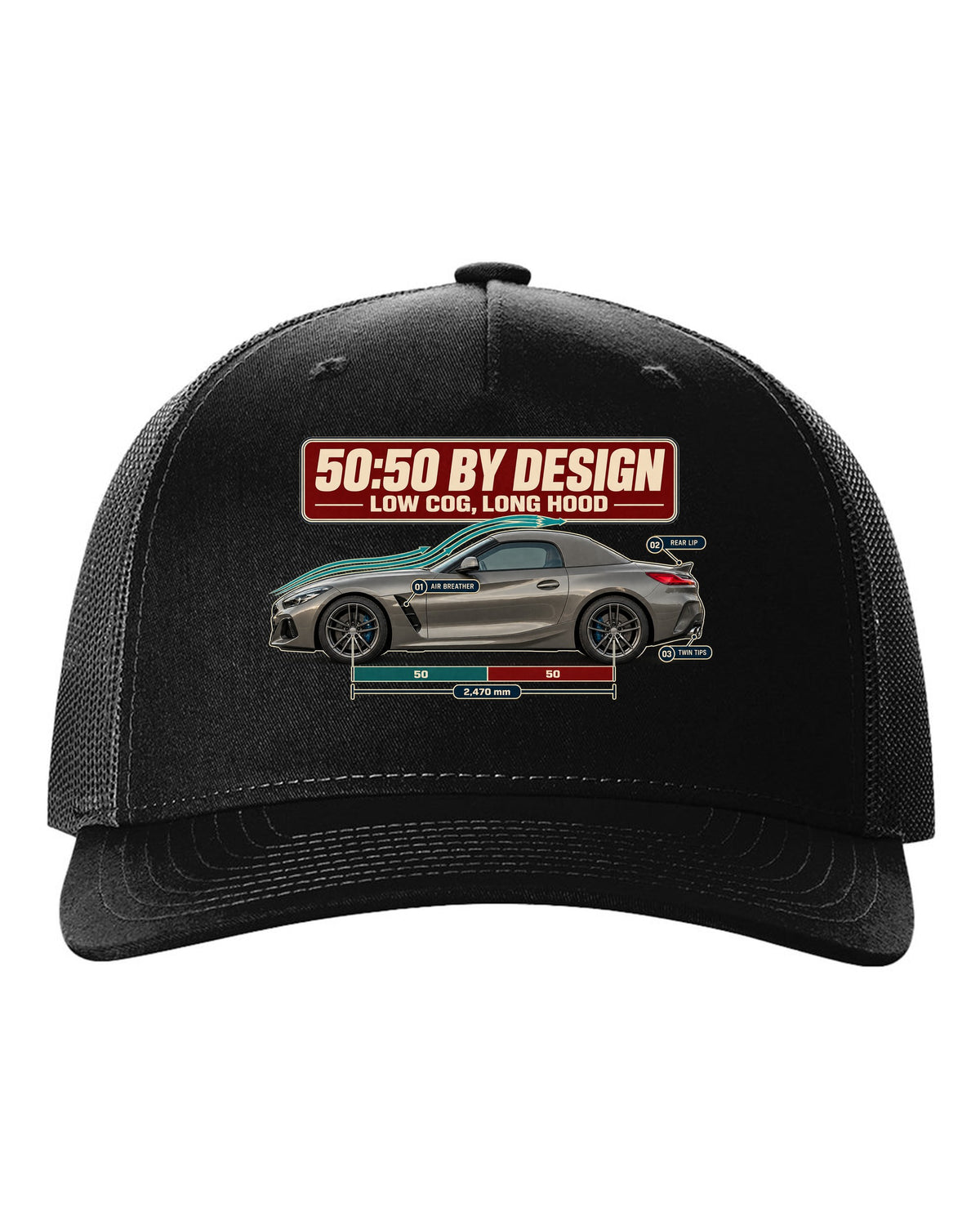 Aero cutaway callout print of the BMW Z4 G29 with 50:50 and long hood notes black hat front view with the design
