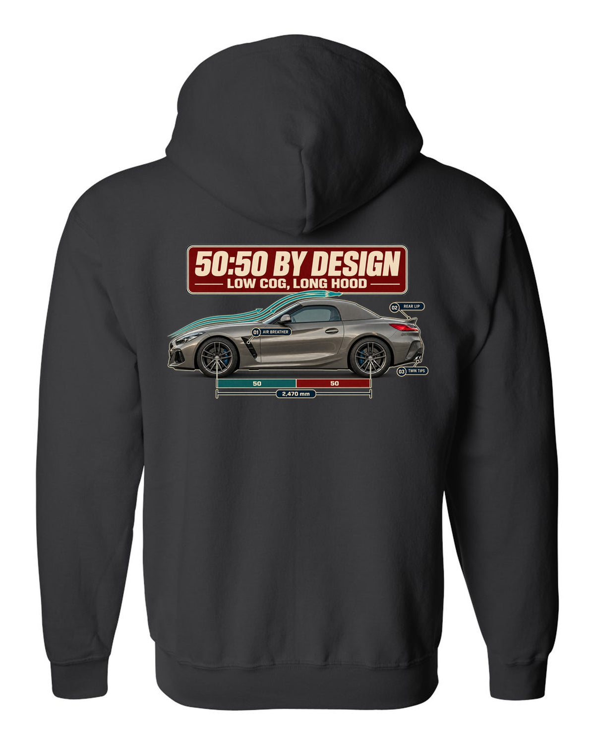 Aero cutaway callout print of the BMW Z4 G29 with 50:50 and long hood notes black zip hoodie back view with the design