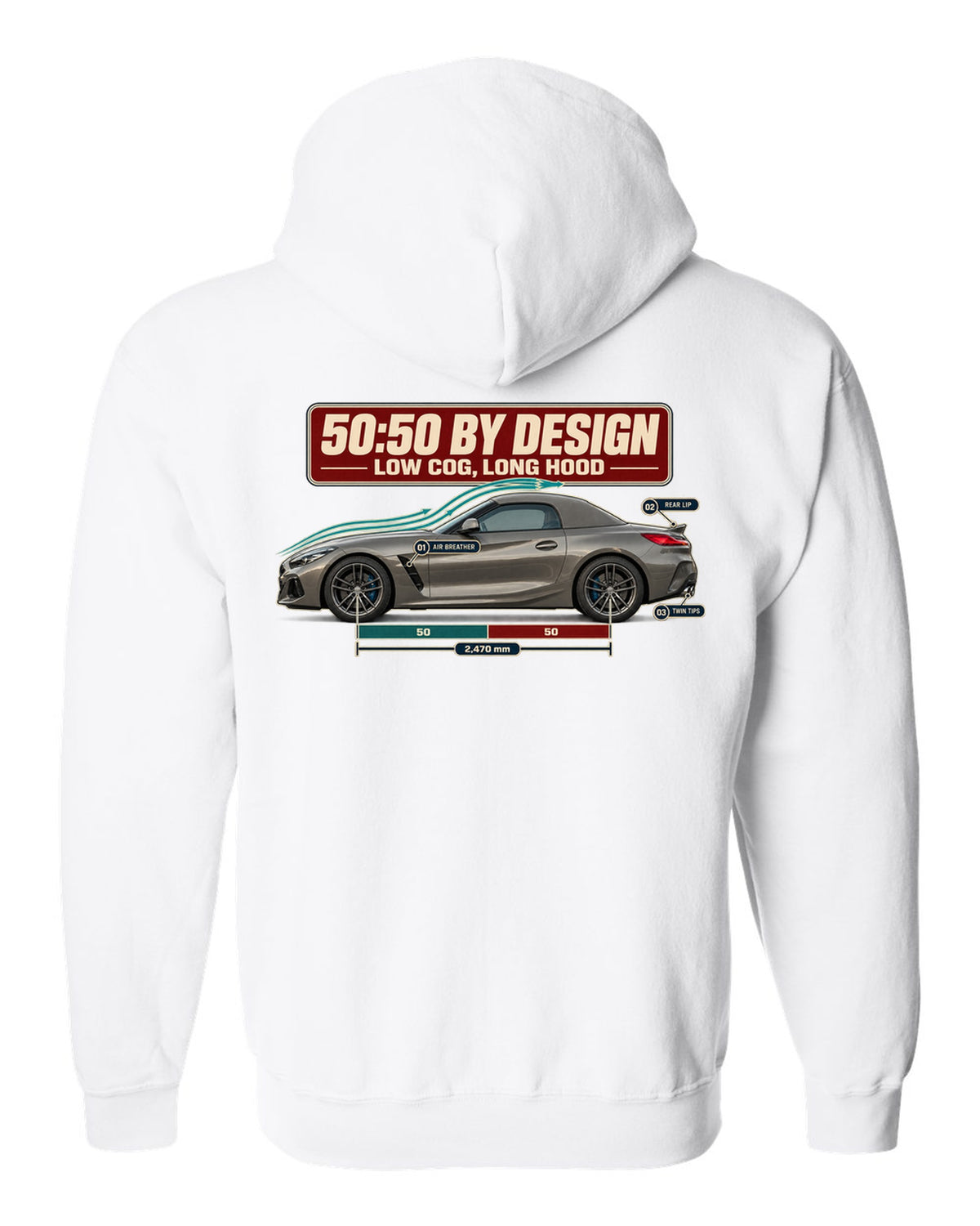 Aero cutaway callout print of the BMW Z4 G29 with 50:50 and long hood notes white zip hoodie back view with the design