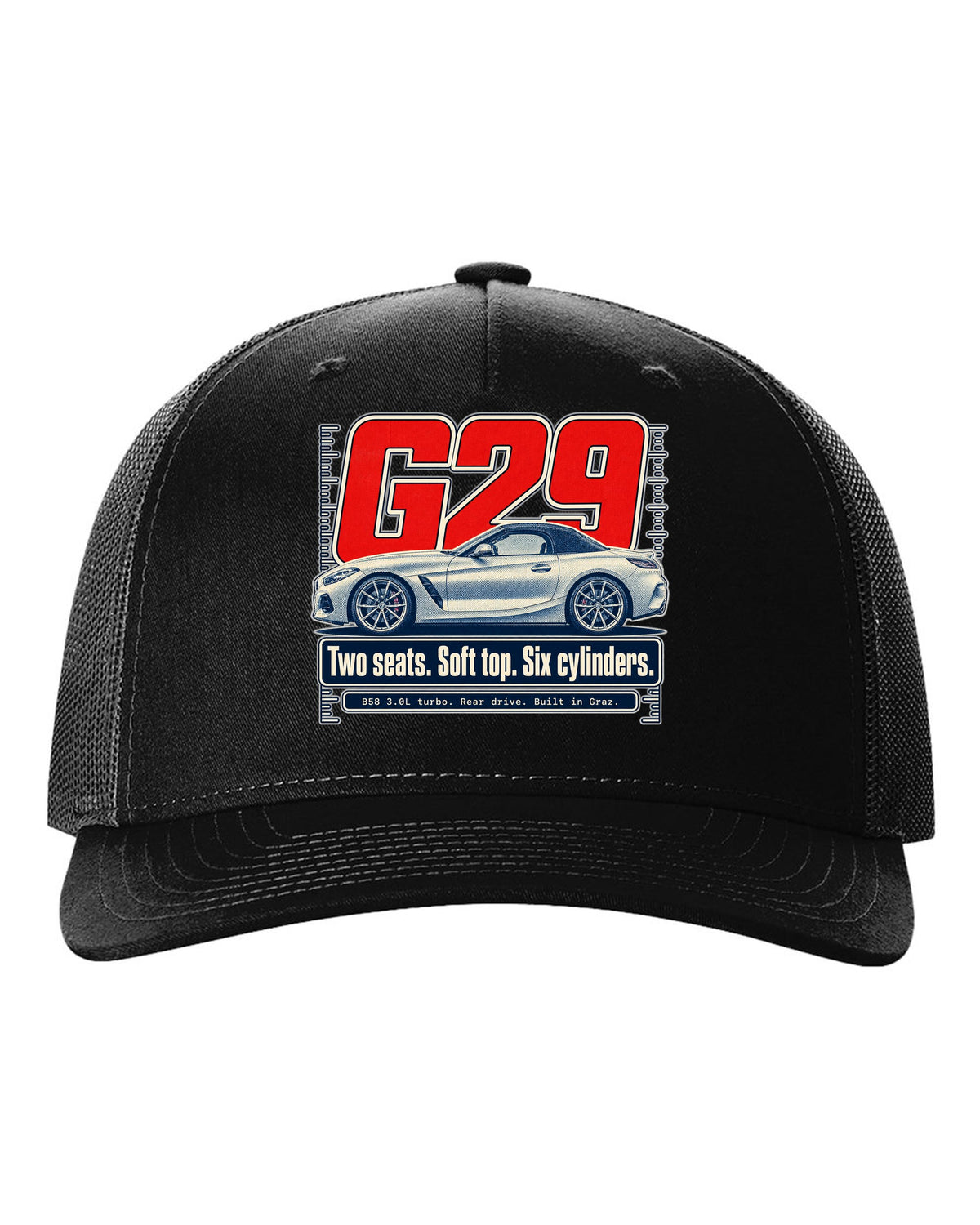 Halftone print of the BMW Z4 G29 roadster with two seats and six cylinders text black hat front view with the design