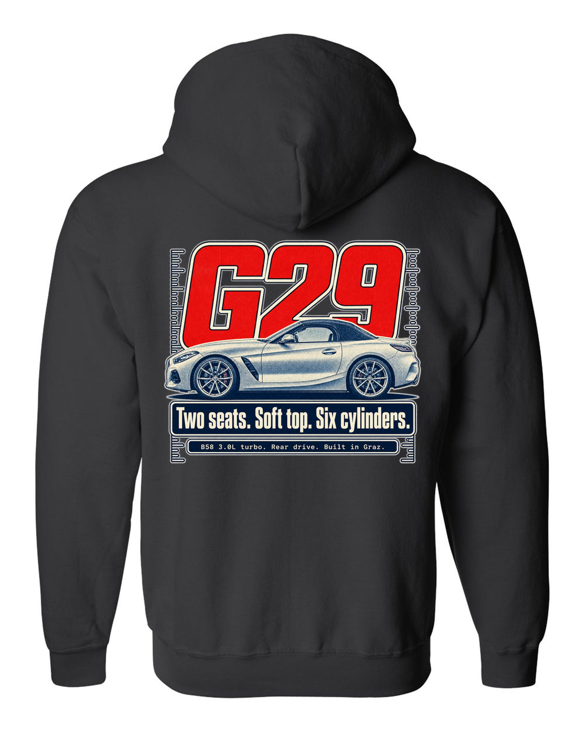 Halftone print of the BMW Z4 G29 roadster with two seats and six cylinders text black zip hoodie back view with the design