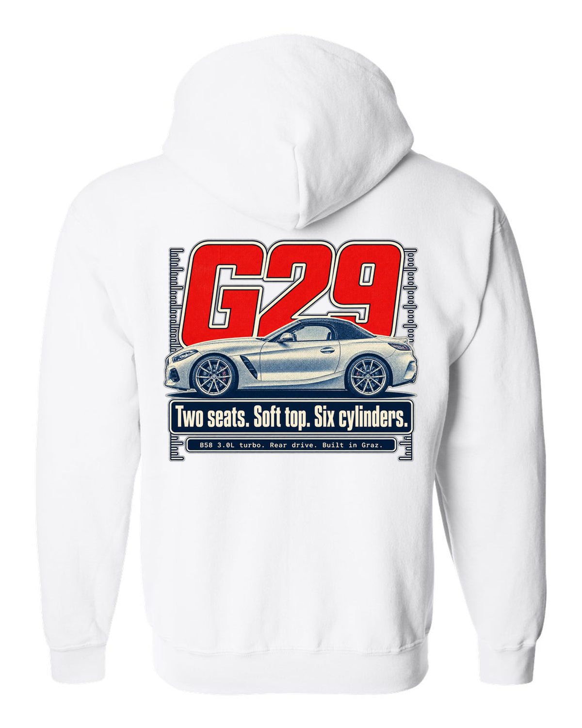 Halftone print of the BMW Z4 G29 roadster with two seats and six cylinders text white zip hoodie back view with the design