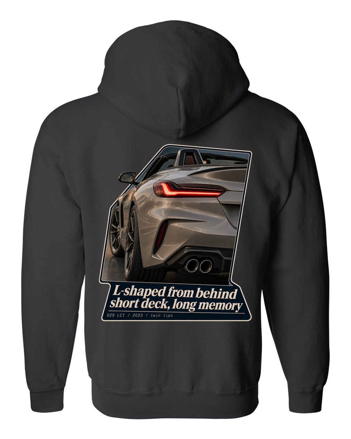 Macro print of the L-shaped taillight on a 2023 BMW Z4 G29 LCI black zip hoodie back view with the design