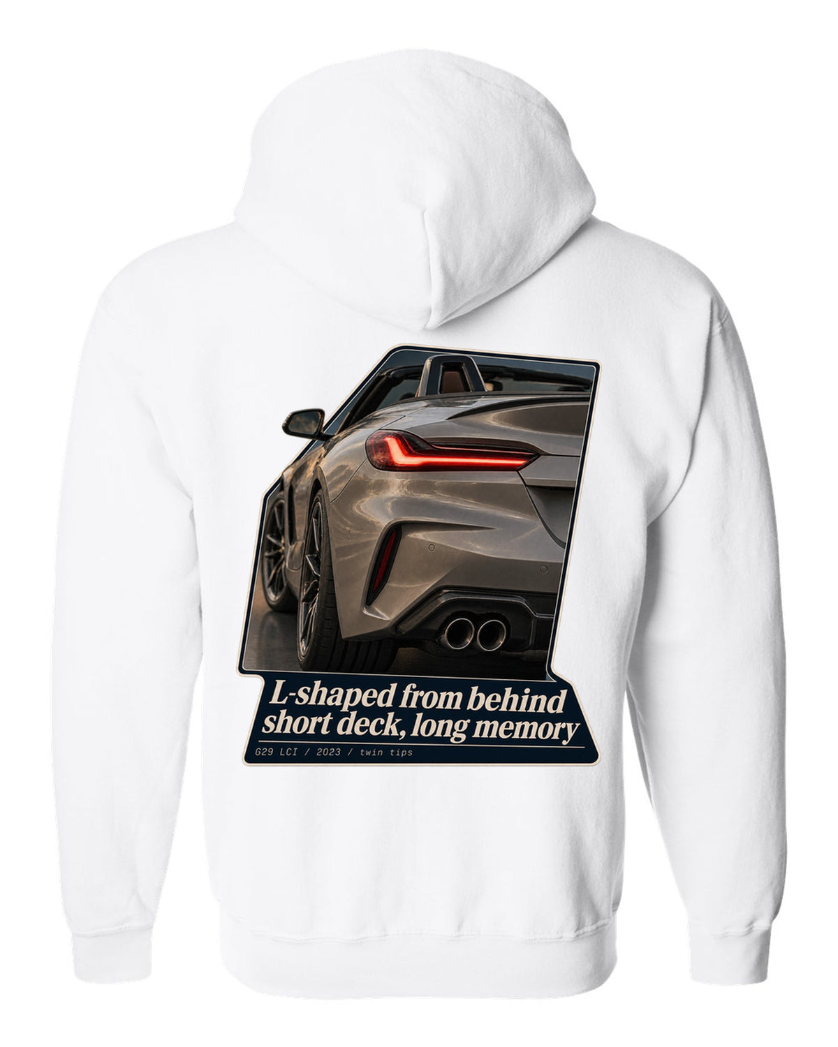 Macro print of the L-shaped taillight on a 2023 BMW Z4 G29 LCI white zip hoodie back view with the design