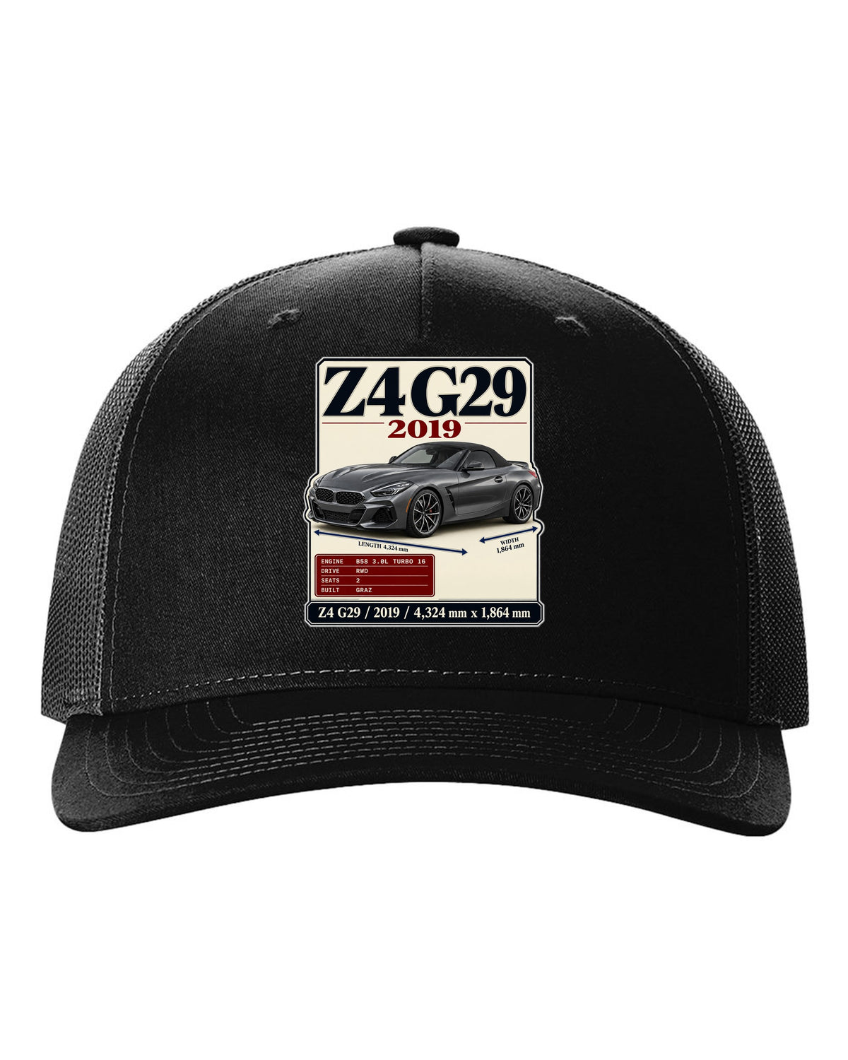 Archive plate print of the BMW Z4 G29 M40i First Edition with 2019 and dimensions black hat front view with the design
