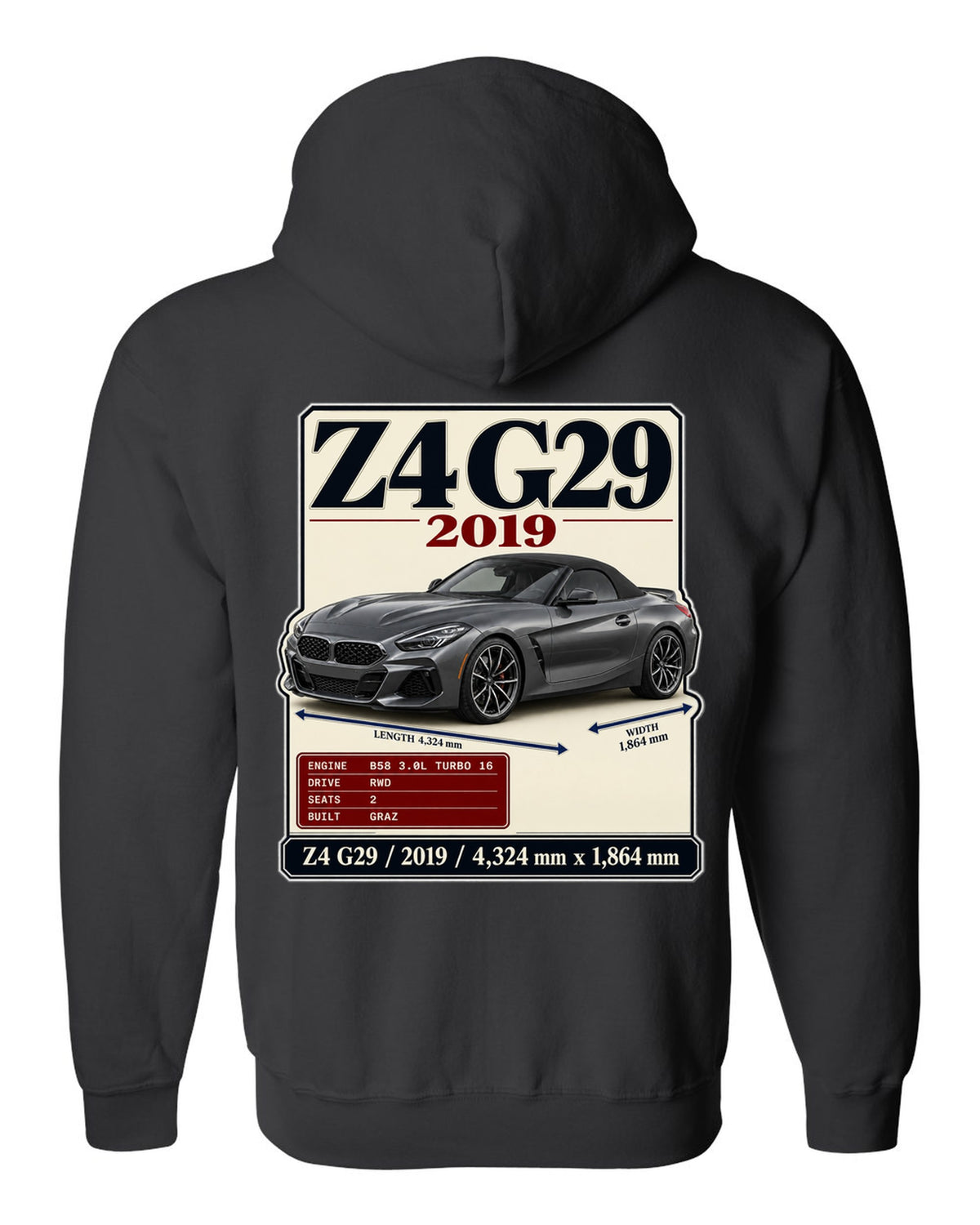 Archive plate print of the BMW Z4 G29 M40i First Edition with 2019 and dimensions black zip hoodie back view with the design