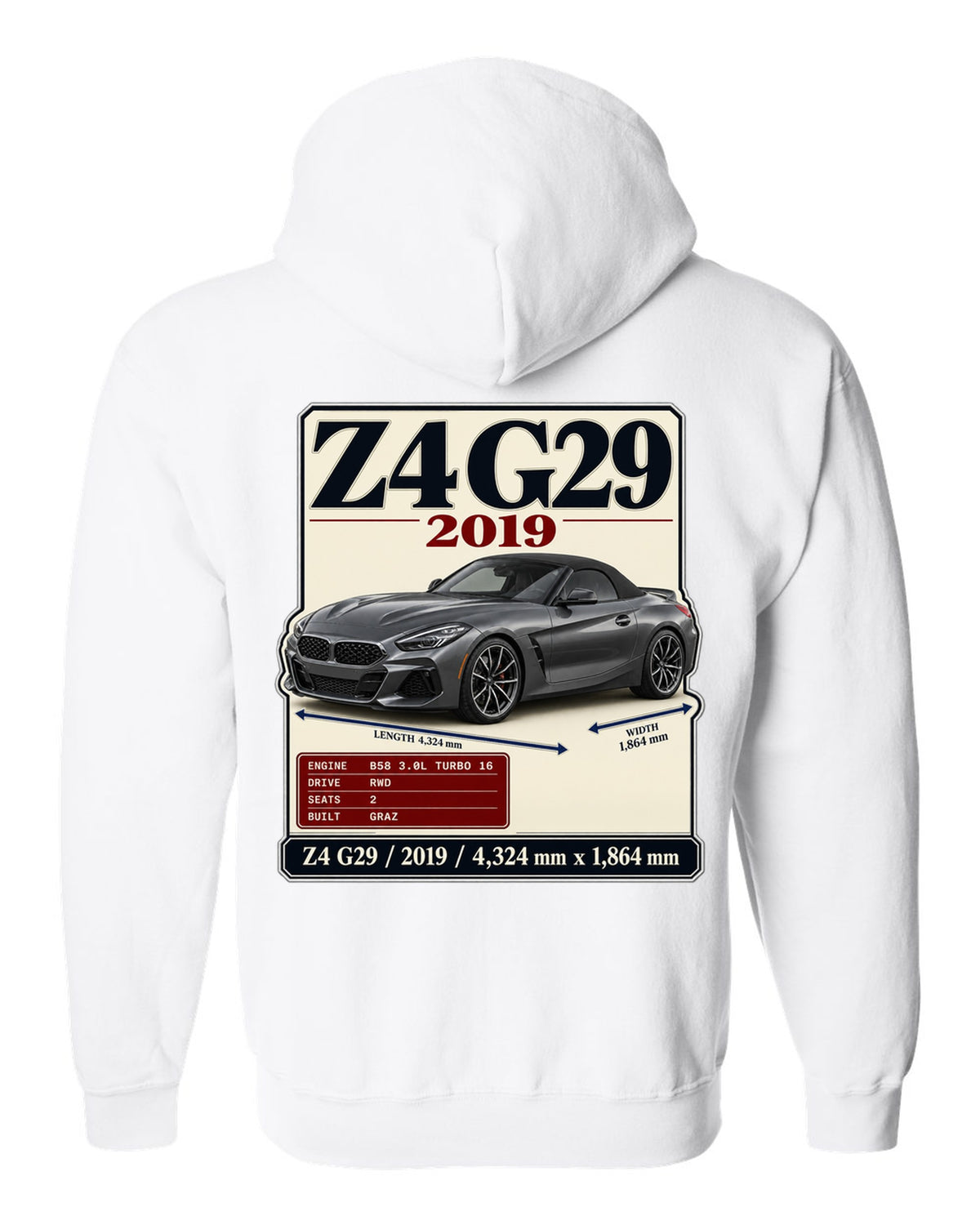 Archive plate print of the BMW Z4 G29 M40i First Edition with 2019 and dimensions white zip hoodie back view with the design