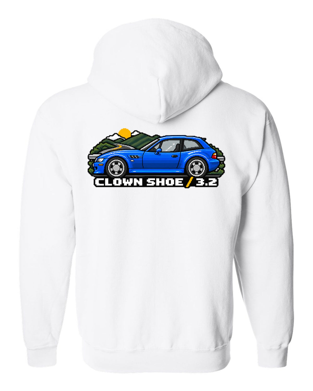 BMW Z4 M Coupe E86 coast road sunset watercolour print with S54 text white zip hoodie back view with the design