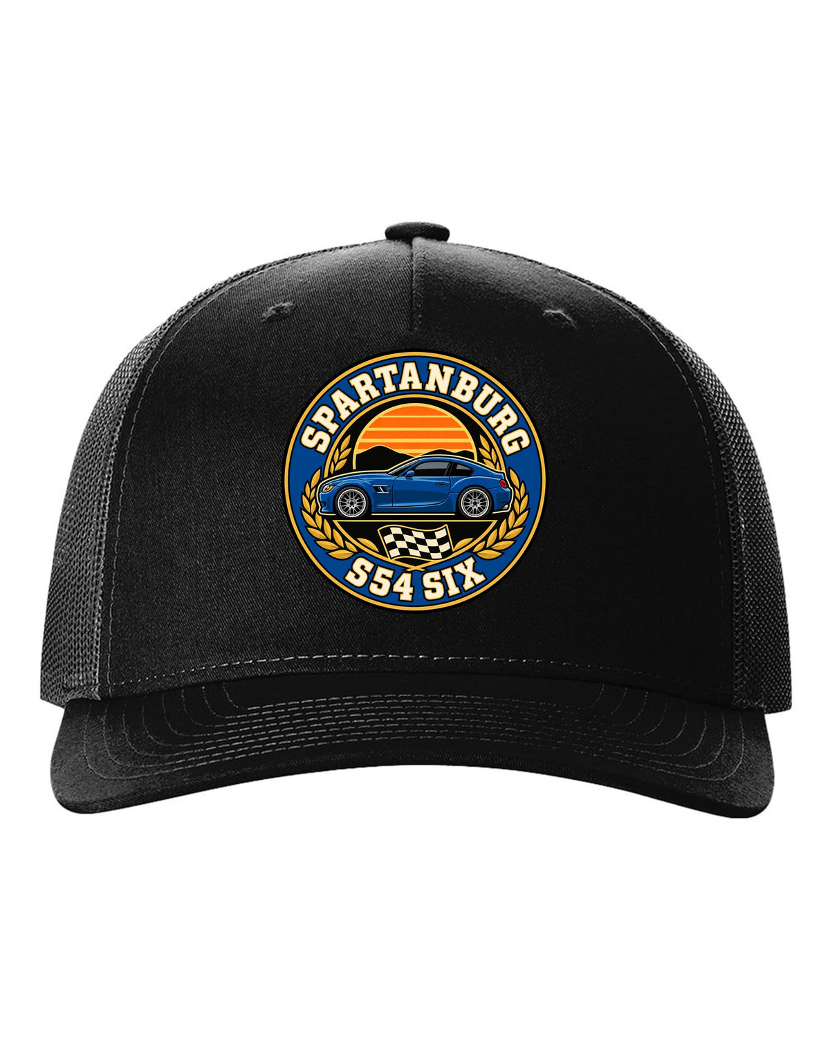 BMW Z4 M Coupe E86 varsity crest print with Spartanburg S54 six text black hat front view with the design
