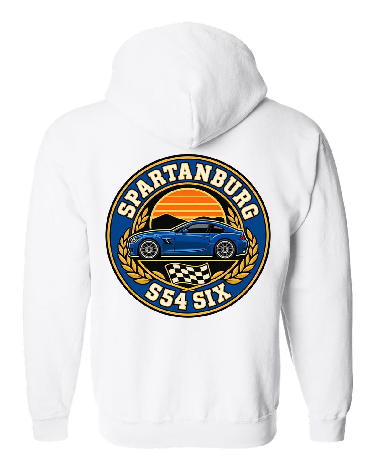 BMW Z4 M Coupe E86 varsity crest print with Spartanburg S54 six text white zip hoodie back view with the design