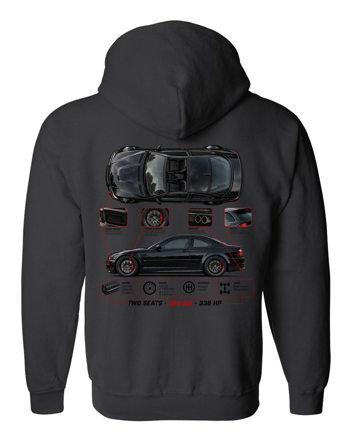 BMW Z4 M Coupe E86 spec poster print with two seats S54 six 338 hp black zip hoodie back view with the design