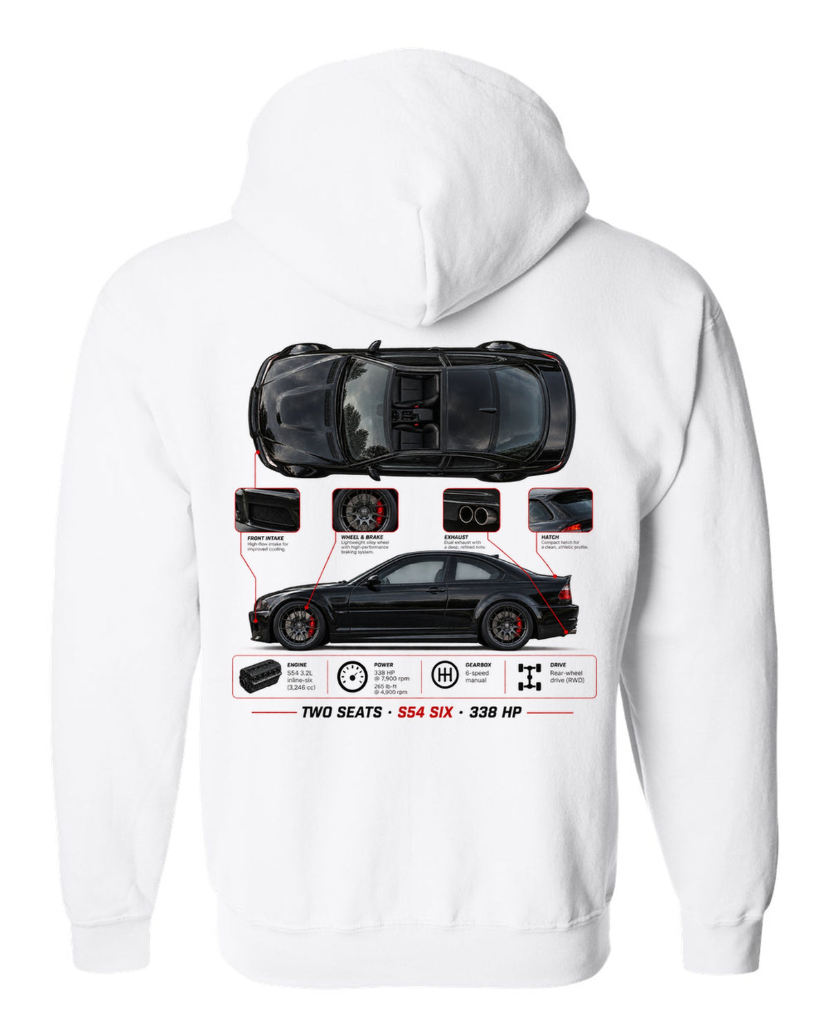 BMW Z4 M Coupe E86 spec poster print with two seats S54 six 338 hp white zip hoodie back view with the design