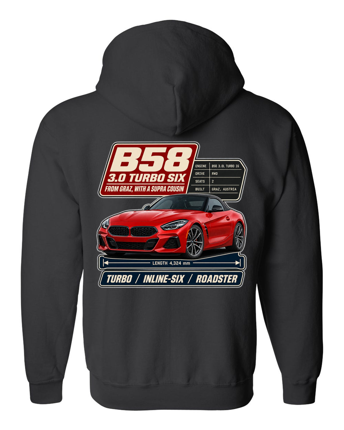 Spec poster print of the BMW Z4 M40i with B58 3.0 turbo six notes black zip hoodie back view with the design