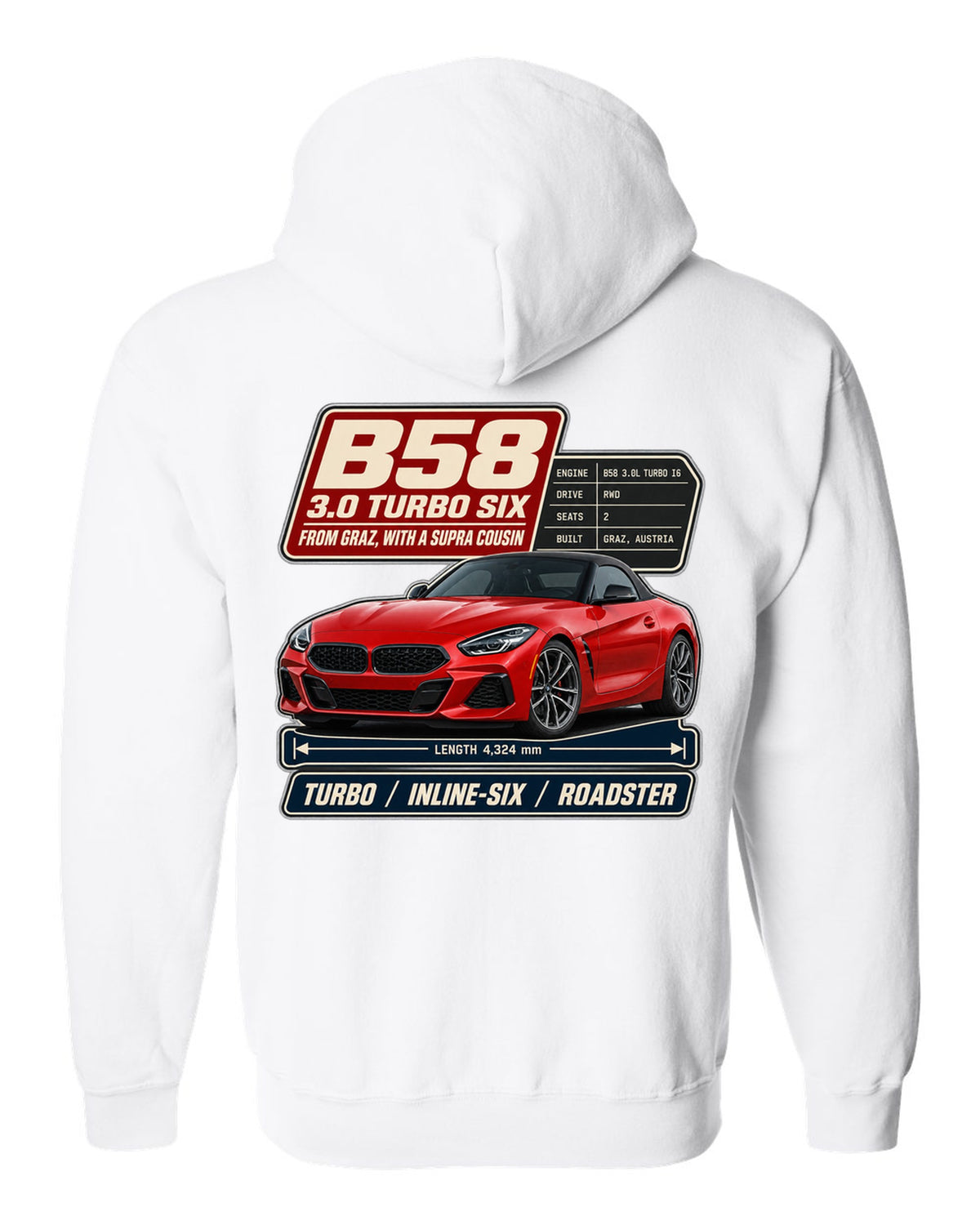 Spec poster print of the BMW Z4 M40i with B58 3.0 turbo six notes white zip hoodie back view with the design