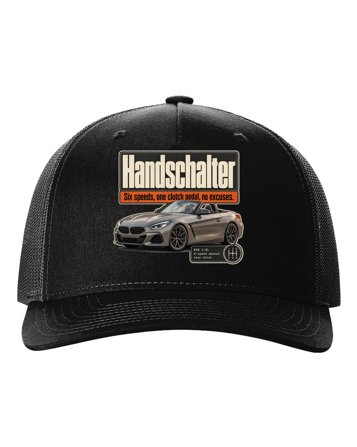 Editorial print for the BMW Z4 M40i six-speed manual labelled Handschalter black hat front view with the design