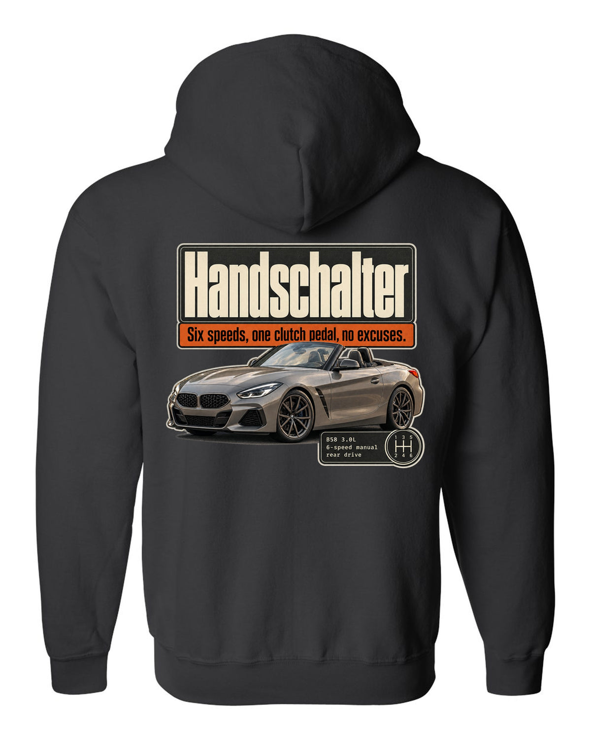 Editorial print for the BMW Z4 M40i six-speed manual labelled Handschalter black zip hoodie back view with the design