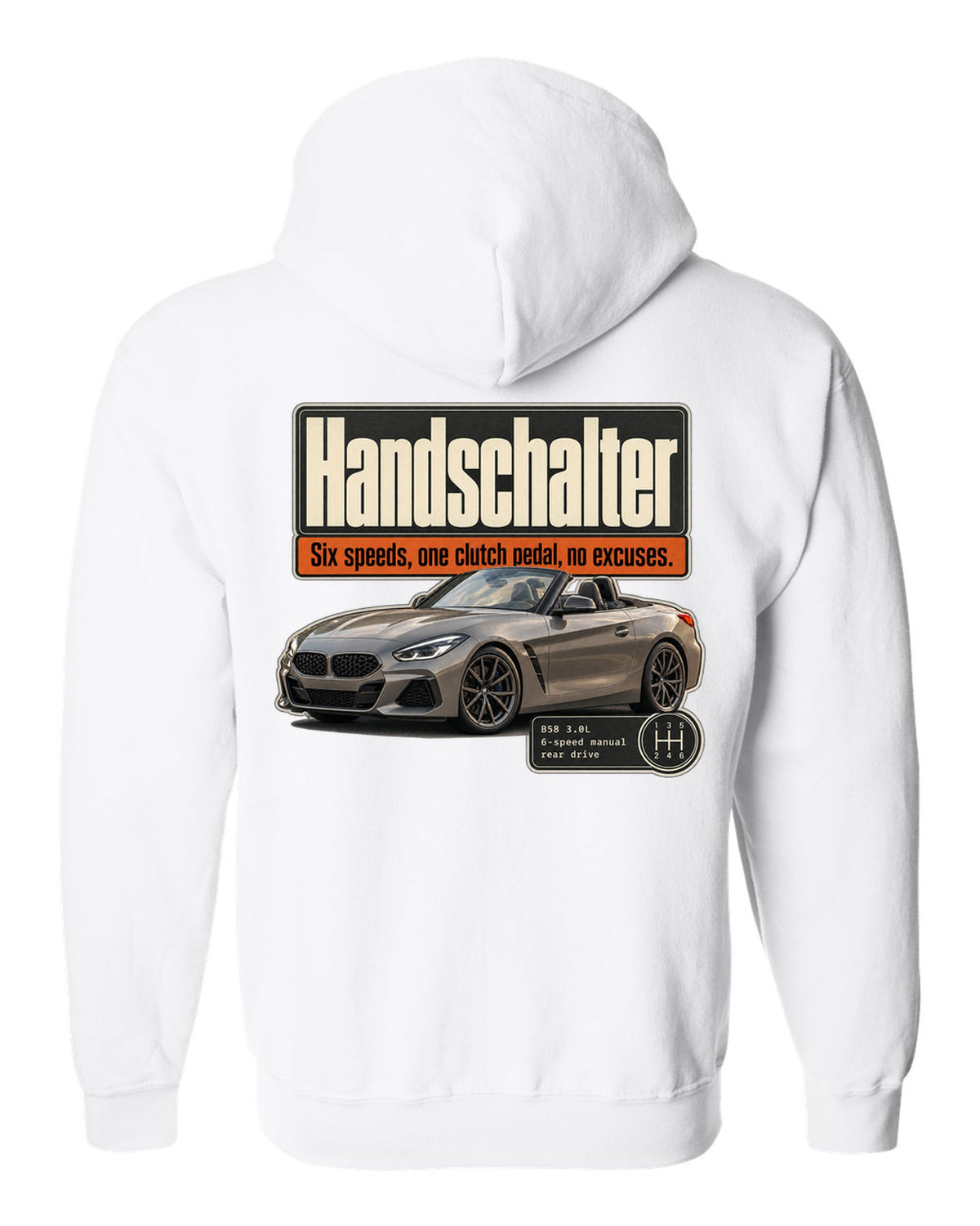 Editorial print for the BMW Z4 M40i six-speed manual labelled Handschalter white zip hoodie back view with the design