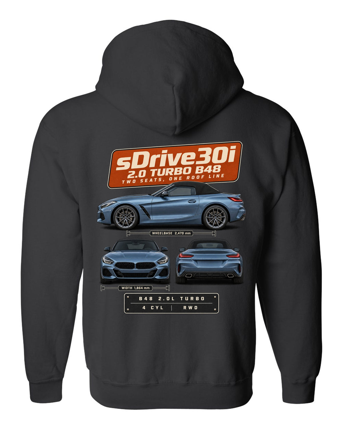 Three-view drawing and spec table print of the BMW Z4 sDrive30i G29 black zip hoodie back view with the design