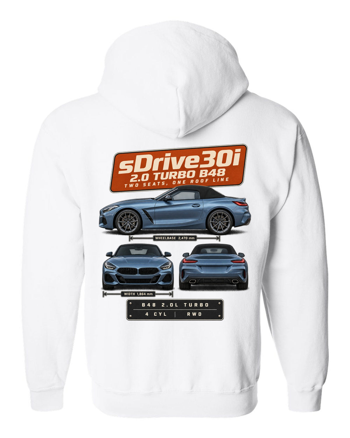 Three-view drawing and spec table print of the BMW Z4 sDrive30i G29 white zip hoodie back view with the design