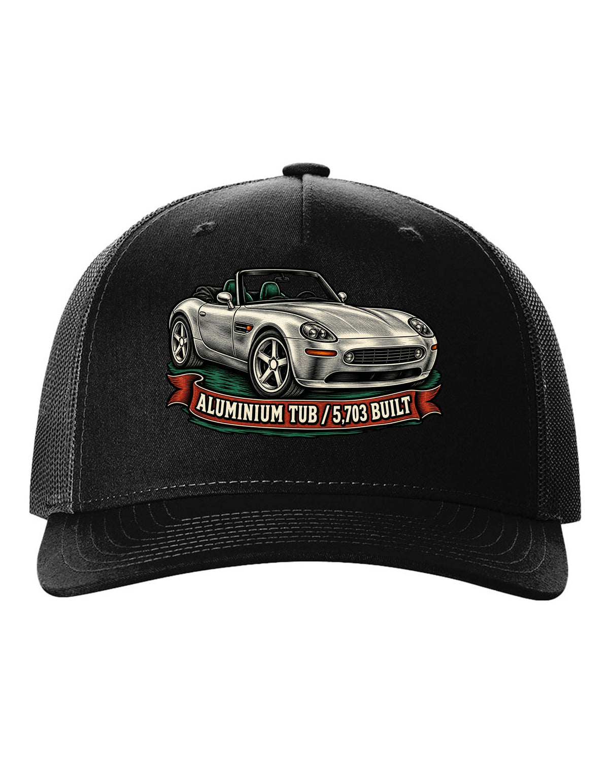 Woodcut linocut-style print of a BMW Z8 E52 roadster with 5,703 built text black hat front view with the design