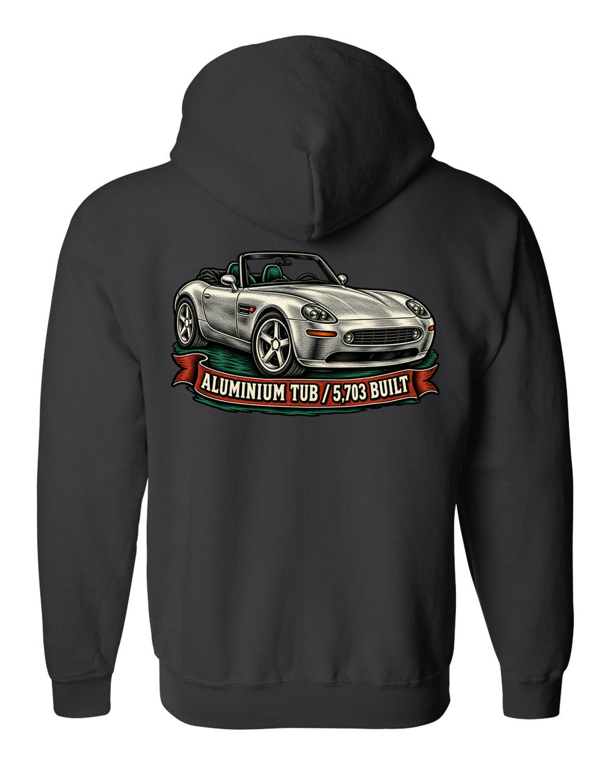 Woodcut linocut-style print of a BMW Z8 E52 roadster with 5,703 built text black zip hoodie back view with the design