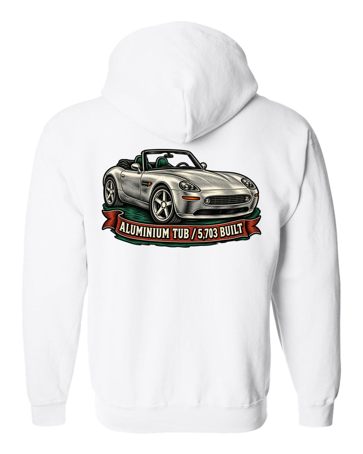 Woodcut linocut-style print of a BMW Z8 E52 roadster with 5,703 built text white zip hoodie back view with the design