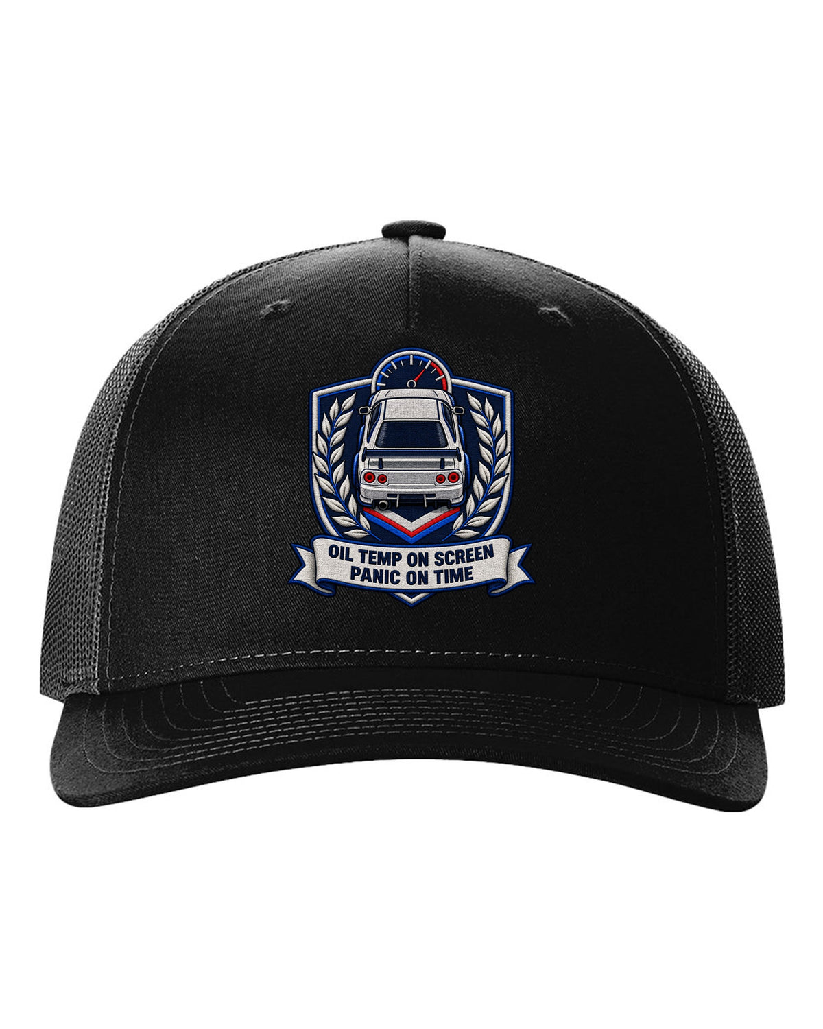 Embroidery-style shield crest print for the Nissan Skyline GT-R BNR34 with oil temp lettering black hat front view with the design