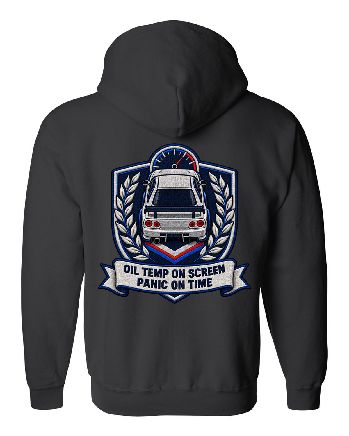 Embroidery-style shield crest print for the Nissan Skyline GT-R BNR34 with oil temp lettering black zip hoodie back view with the design