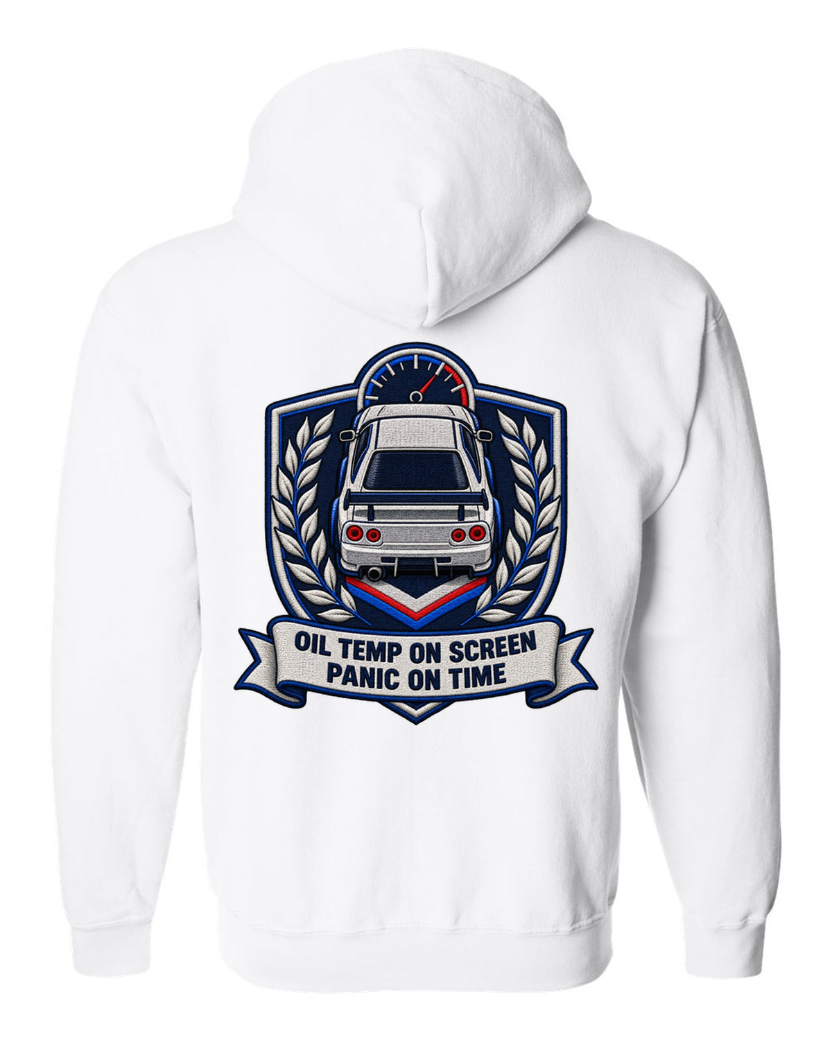 Embroidery-style shield crest print for the Nissan Skyline GT-R BNR34 with oil temp lettering white zip hoodie back view with the design