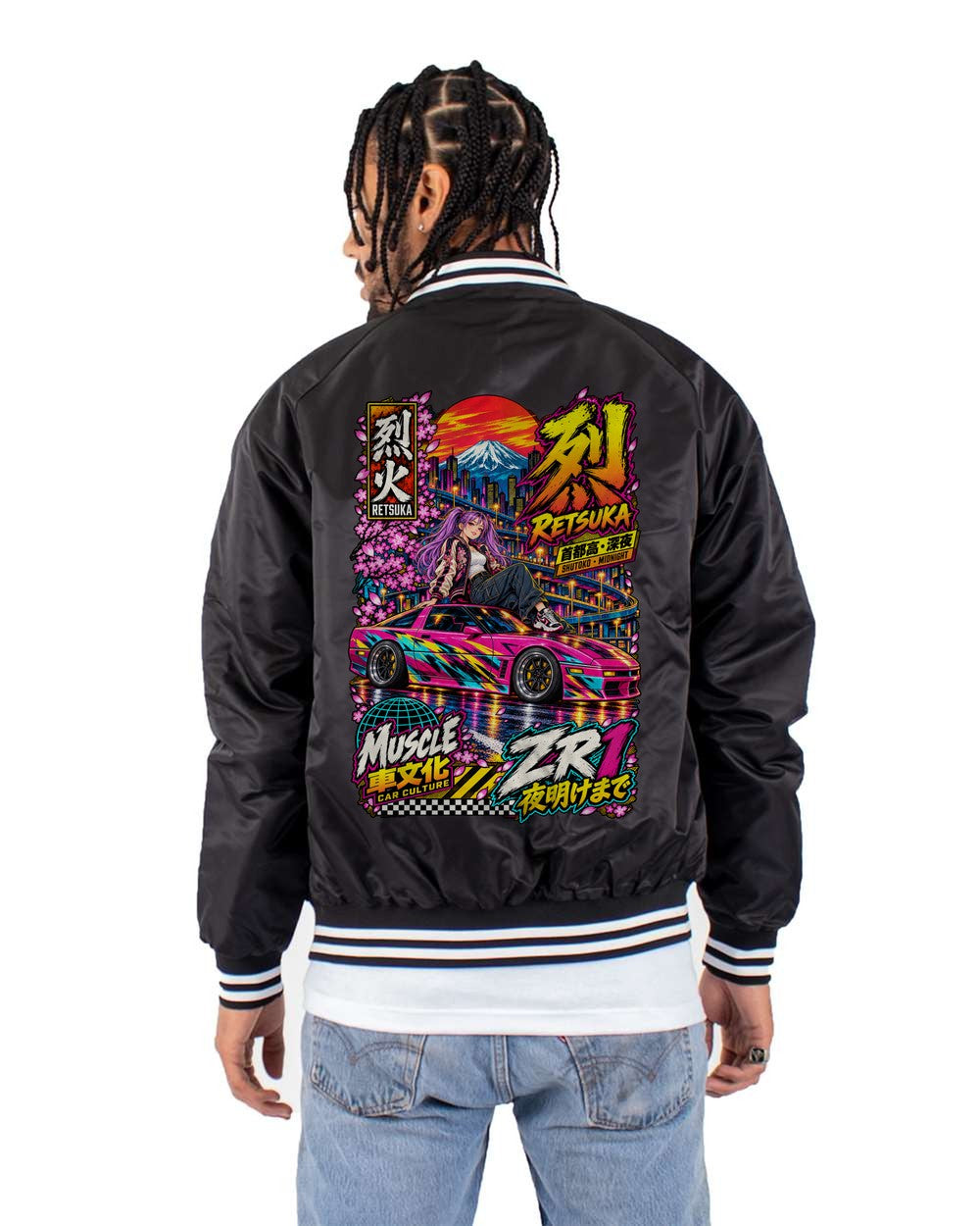 RETSUKA ZR1 full-back artwork black bomber jacket back view with the design